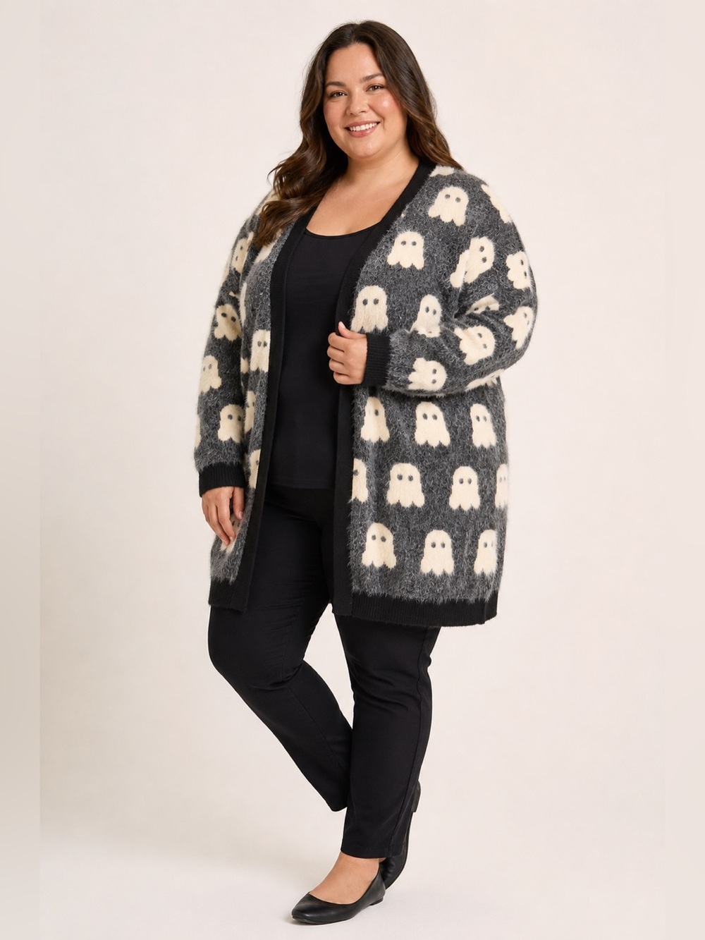 Nora Madison Fuzzy Ghost Cardigan Women’s Plus Size 2X/3X Halloween